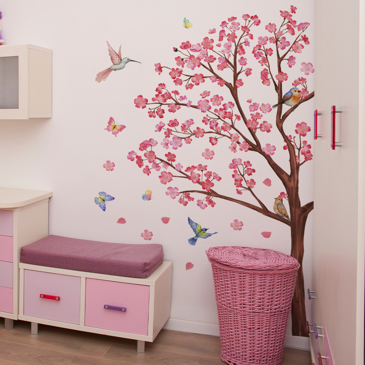 Baby Nursery Decor Girl - Aquarell Vogel Blume Wandaufkleber Wohnzimmer Dekoration