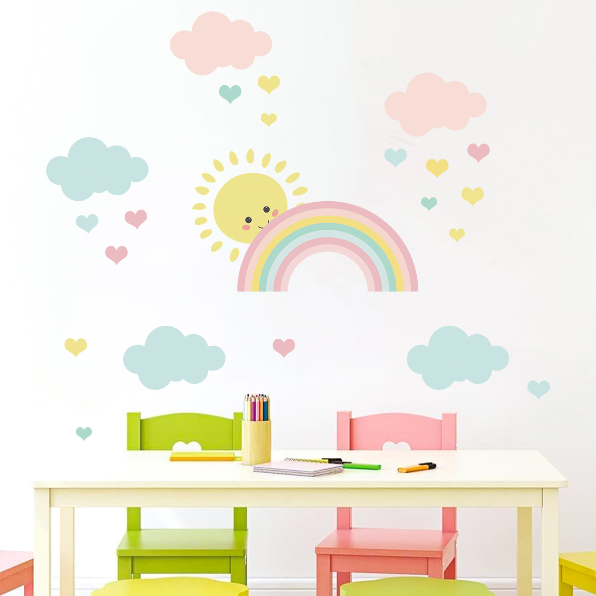 Baby Nursery Boy - Cartoon Sonne Regenbogen Wolken Wandaufkleber Kinderzimmer